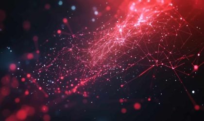 Abstract red and blue network connection with glowing dots on a dark background.